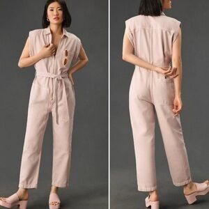 Etica Sabina Anthropologie Denim Light Pink Tencel Carpenter Zip Up Jumpsuit